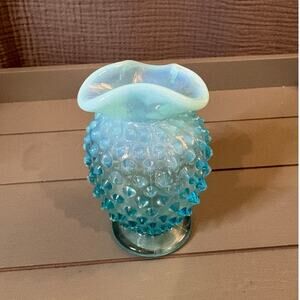 Vintage Fenton Blue Opalescent Hobnail Vase w/Ruffled Edge